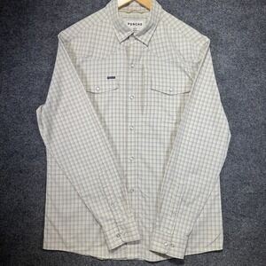 Poncho Slim Fit Western Pearl Snap Shirt Mens Large Tan Gingham Plaid Stretch